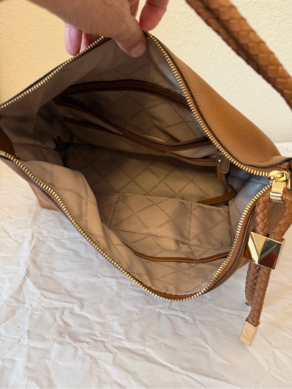 Michael Kors tan Kensington pebbled Braided-Handle shoulder with Gold Accents - Picture 10 of 15